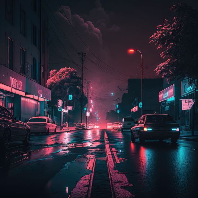 A vibrant, futuristic urban scene at night with neon lights reflecting off a wet street. Cars are driving under glowing street lamps, creating a cyberpunk vibe. This setting is ideal for illustrating themes related to science fiction, modern dystopian worlds, and futuristic urban environments in films, video games, or graphic design projects.