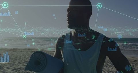 Man with Yoga Mat on Beach Interacting with Emerging Data Visuals