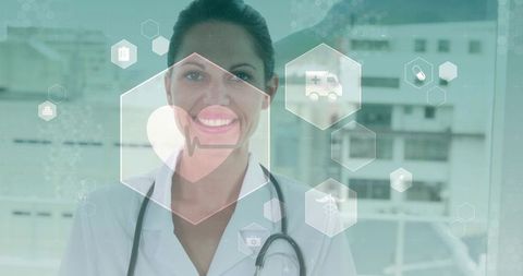 Smiling doctor with futuristic digital medical hud overlay showing heart monitoring