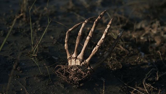 Skeletal hand emerging from marsh mud in mysterious scene