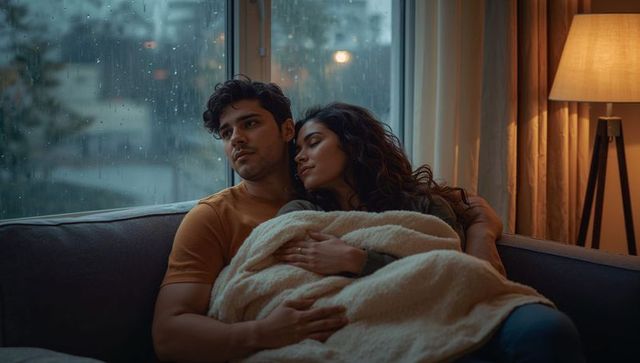 Couple cuddling on sofa during rainy evening wrapped in cream blanket, cozy intimacy