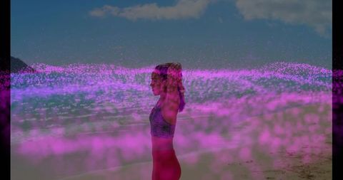 Athletic woman adjusting hair on tropical beach with magenta digital overlay and seascape
