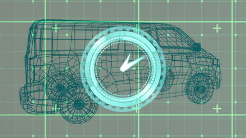 Digital Wireframe Car with Animated Time Overlay