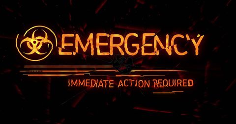 Biohazard symbol with emergency warning sign in red on black