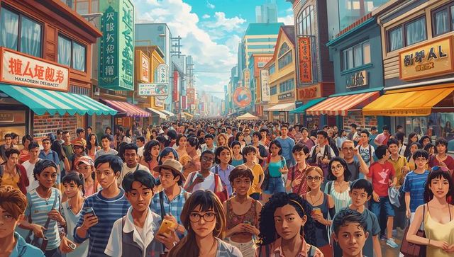 Sunlit multicultural crowd walking through busy urban shopping street holding smartphones