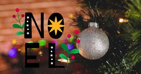 Festive Noel Decor with Glitter Bauble on Pine Branch