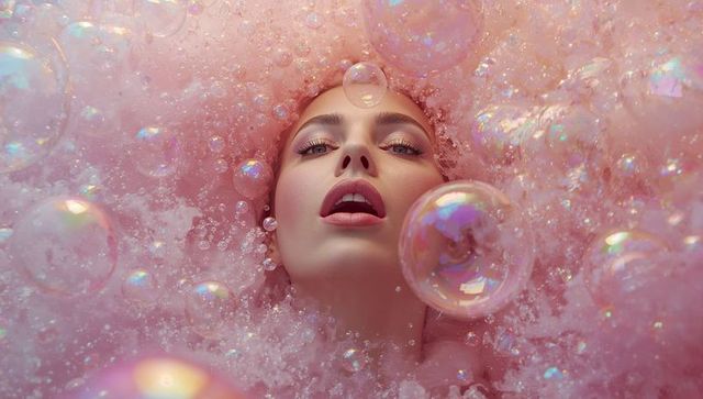 Ethereal Model Amidst Pink Foam and Iridescent Bubbles
