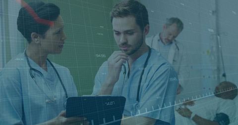 Medical professionals analyzing data in hospital ward with digital charts