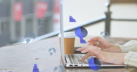 Woman Analyzing Digital Reports on Laptop with Overlay Illustrations