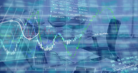 Financial Data Animation Overlaid on Futuristic Office Workspace