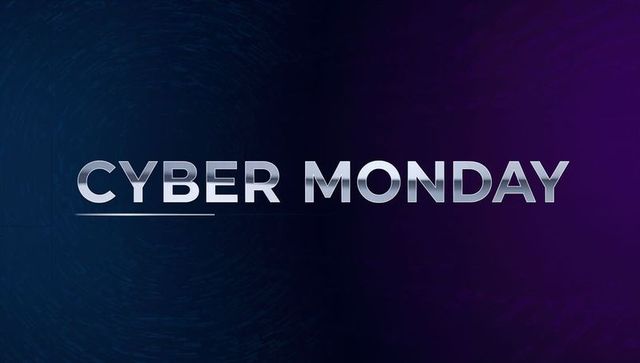 Cyber monday metallic chrome banner navy blue to purple gradient tech sale header
