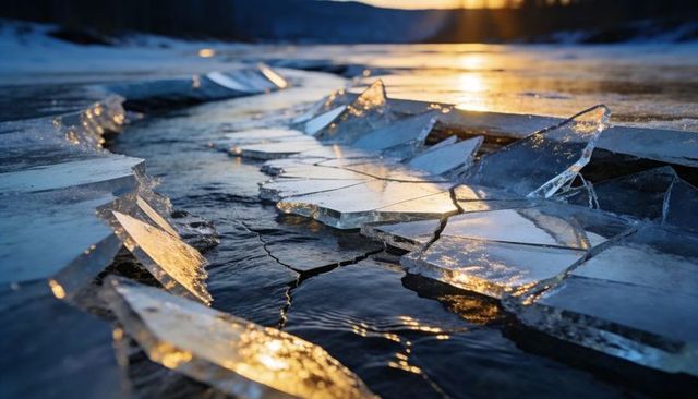 Glinting jagged ice shards lining frozen river channel at golden hour