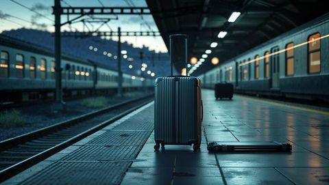 Suitcase waiting on lonely train platform at dusk with ambient lighting