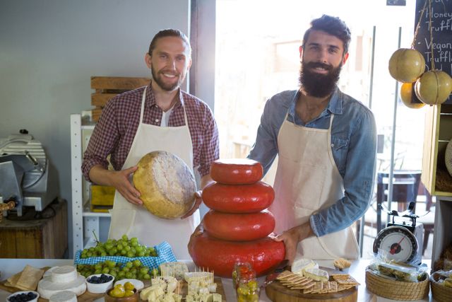 Two male market staff members are smiling while displaying a variety of cheeses at a counter. They are wearing aprons and standing behind a table filled with different types of cheese, grapes, and other gourmet items. This image can be used for promoting local markets, gourmet food shops, or artisan cheese businesses. It highlights teamwork, customer service, and the appeal of fresh, organic produce.