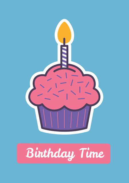 Illustration depicting a vibrant cupcake with a lit candle on top, featuring sprinkles and a bold, pink icing. The background is a soothing blue color, which accentuates the festive design. Ideal for use in birthday cards, party invitations, decorations, or social media posts celebrating birthdays.