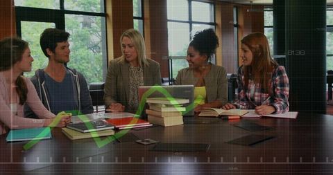 Diverse Team Analyzing Graph Among Books and Notebooks in Library