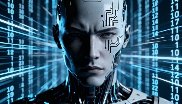 Futuristic Android Staring with Circuit Face Etchings, Metal Neck and Cyan Data Streams