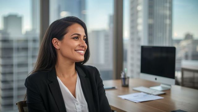 Confident Businesswoman Sitting in Modern Office Smiling