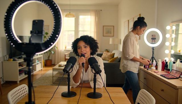 Recording home podcast and beauty tutorial with ring lights, condenser mics, cosmetics
