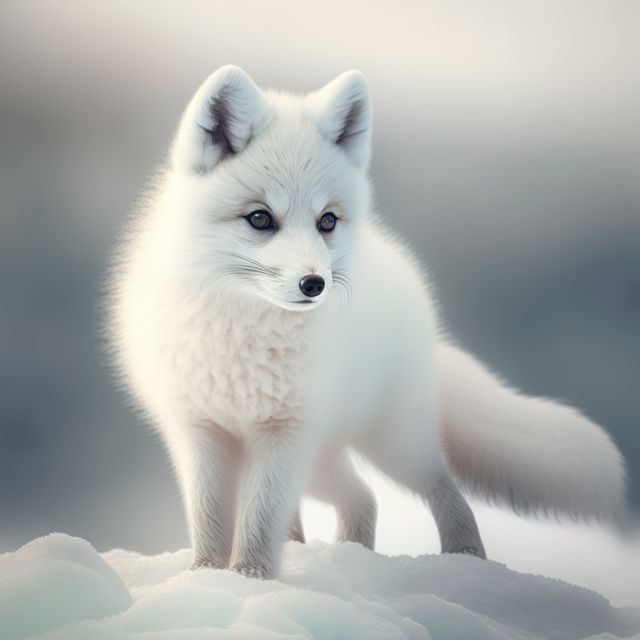 This image shows an Arctic fox standing elegantly in a snowy landscape, blending perfectly with its surroundings due to its white fur. The fox's curious expression and soft fur make this photo ideal for use in wildlife magazines, nature documentaries, educational materials about Arctic animals, or winter-themed advertisements.