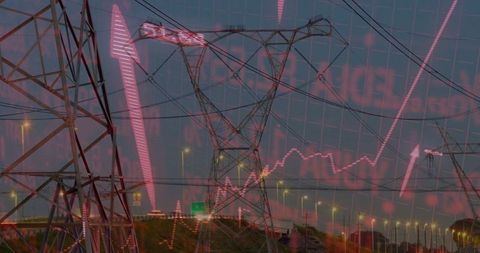 Electricity Grid with Stock Market Trend Overlay at Dusk