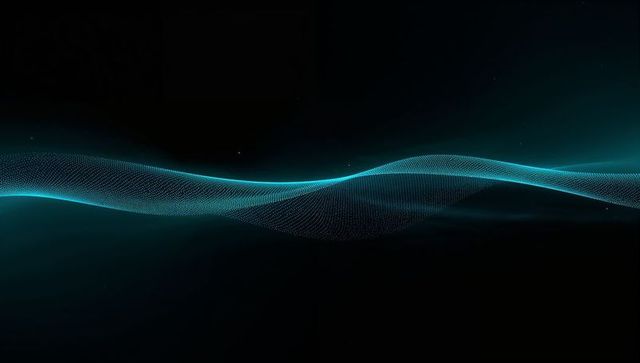 Glowing teal particle wave ribbon flowing across dark digital void futuristic background