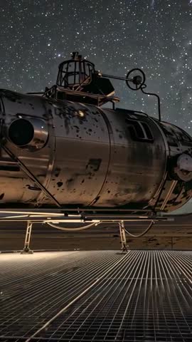 Vertical reveal of weathered spacecraft capsule on grated deck under starry sky