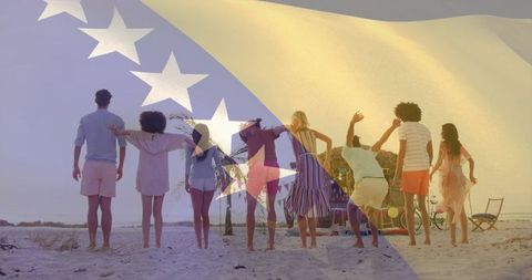 Friends celebrating on beach at sunset with bosnia and herzegovina flag overlay