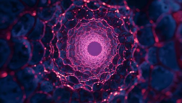Glowing magenta honeycomb tunnel converging toward luminous core futuristic 3d vortex
