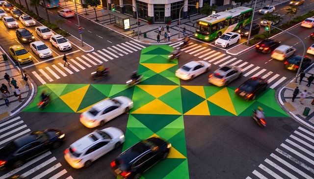 Nighttime urban crosswalk with green and yellow geometric mural, busy traffic motion