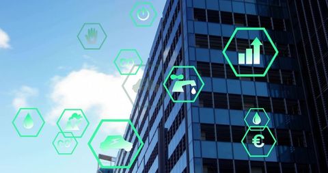 Displaying neon-green sustainability icons overlaying glass office tower facade