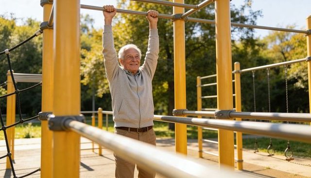 Senior man doing pull-ups on outdoor fitness bars in sunny park — active aging lifestyle