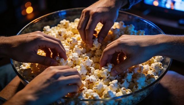 Friends reaching for popcorn in large glass bowl during cozy movie night with blue screen glow