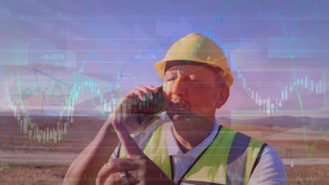 Engineer Discussing Renewable Energy with Market Analysis Overlay