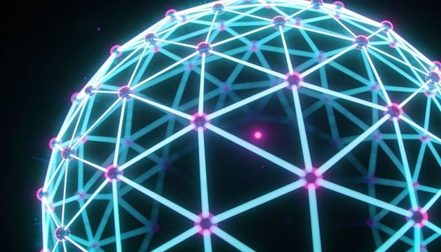 Rotating glowing geodesic sphere with neon lattice and magenta nodes, futuristic network