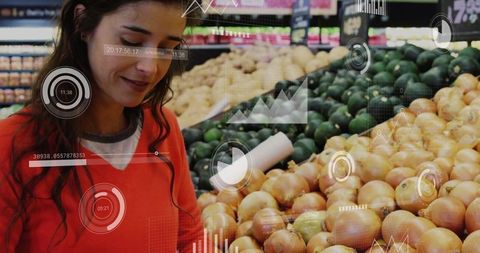 Woman inspecting onions with augmented reality hud in supermarket produce aisle