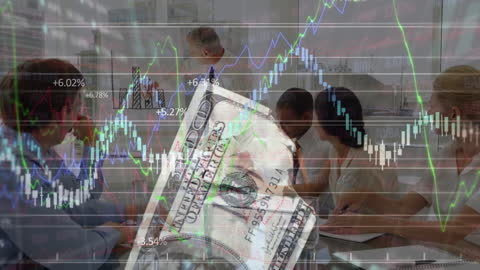 Business Meeting with Financial Graph Overlays