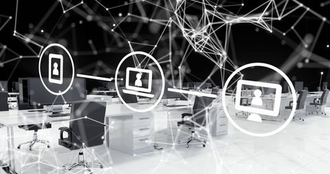 Conceptual depiction of digital networking and data processing in a modern office environment, illustrating technological advancement and communication infrastructure. Use for themes related to remote work, digital transformation, and potential applications of cloud services in corporate settings.