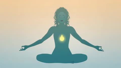 Woman Meditating Cross-Legged with Glowing Chest Light in Minimal Gradient for Mindfulness