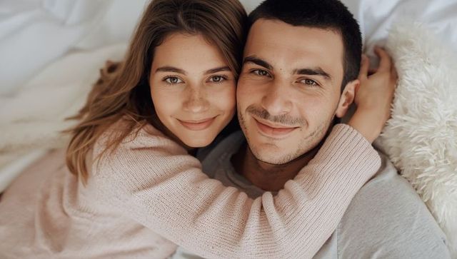 Happy couple embracing on bed showing affection