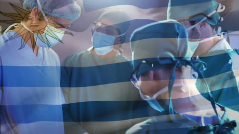 Surgeons Operating with Floating Argentine Flag Overlay