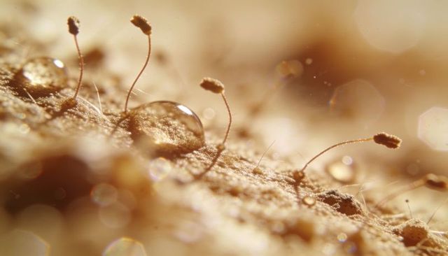 Golden macro showing moss sporophytes with dew droplets and creamy bokeh