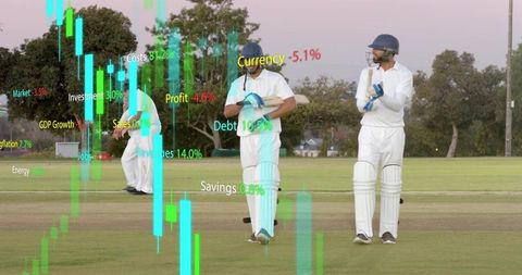 Cricketers walking on pitch with financial data overlays and candlestick charts at dusk