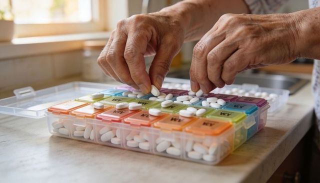 Senior hands sorting daily pills into color-coded pill organizer on kitchen counter
