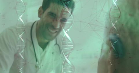 Doctor smiling while discussing dna technology with patient in clinic