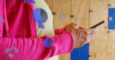 Elderly Woman Using Smartphone with Digital Data Visualization