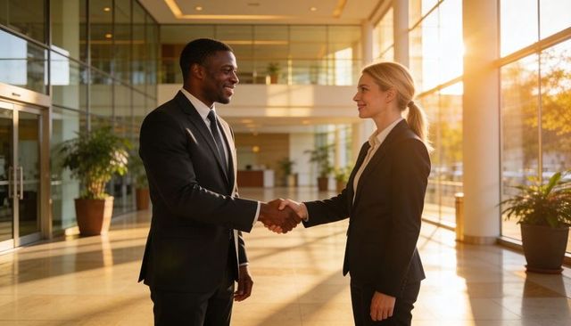 Business partners shaking hands in modern glass atrium during professional meeting