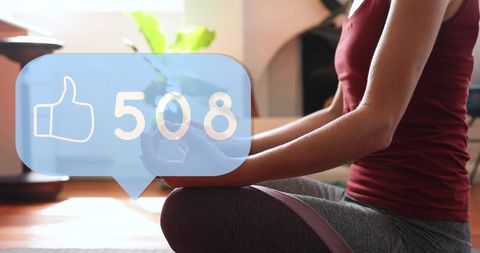 Social media concept with woman meditating at home