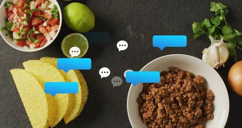 Taco night chat: seasoned ground beef, crispy corn shells, pico de gallo, lime and cilantro