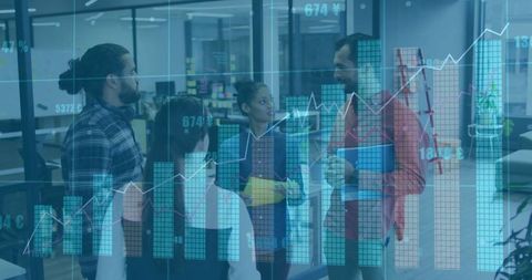 Diverse professionals collaborating with digital data overlays in modern office